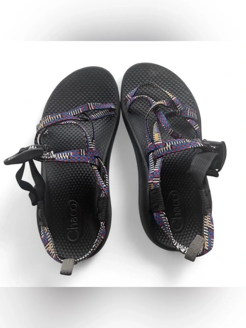 Chaco Black Footbed Sandals with Multicolor Woven Straps